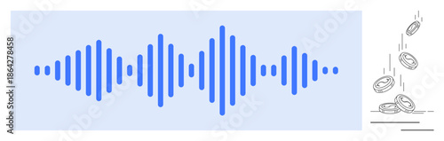 Audio monetization, sound engineering, financial technology, cryptocurrency, sound design, economic concepts. Blue soundwave alongside falling coins. Audio monetization and financial technology