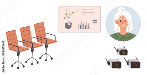 Business planning, team collaboration, remote engagement, corporate events, technology integration, workplace strategies. Office chairs, chart worker profile communication devices. Business