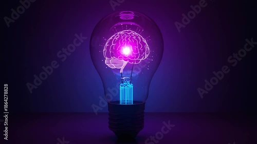 light bulb with huiman brain on neon background