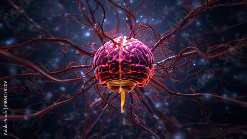 cyber human brain surrounded by neural network data flow