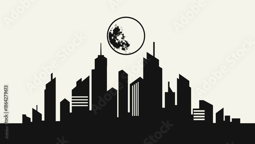 Silhouette of a modern city skyline under a full moon.