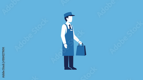 Minimalist illustration of a delivery person holding a shopping bag.