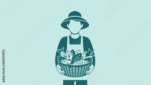 Illustration of a farmer holding a basket of fresh produce.