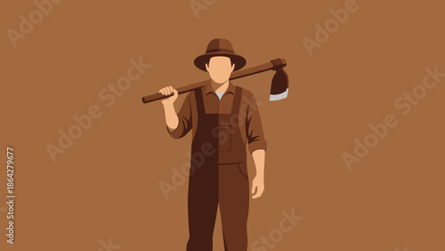 Farmer with hoe on shoulder illustration.