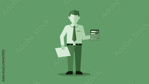 Man in Suit Holding Calculator and Paper Document.