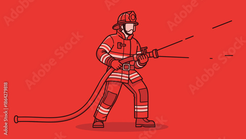 Firefighter in protective gear holding a hose spraying water.