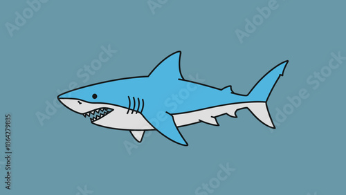 Cartoon illustration of a blue shark with sharp teeth.