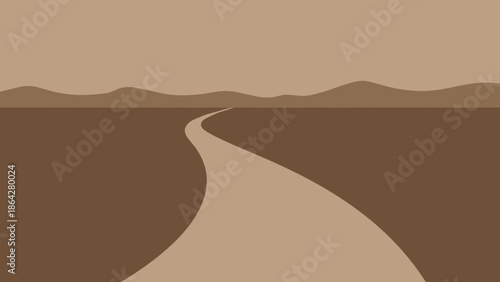 A winding road leads through a barren landscape towards distant hills.