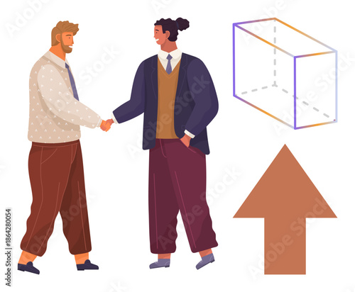 Business partnerships, teamwork, negotiation, direction, growth, problem-solving. Two people shaking hands, geometric shape and arrow pointing upward. Business collaboration and teamwork concept