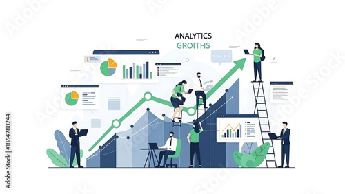 Collaborative business team utilizing data analytics for strategic growth, visualizing market trends and financial success. Concept of teamwork in digital transformation and progress