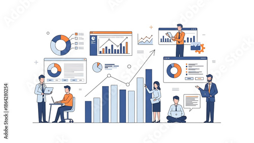 Business analytics and data visualization concepts with people collaborating on charts and graphs for insights