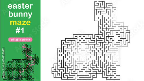 Easter Bunny Maze for Kids, Rabbit Shaped Labyrinth Puzzle with Solution