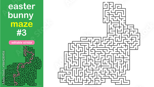 Easter Bunny Maze for Kids, Rabbit Shaped Labyrinth Puzzle with Solution