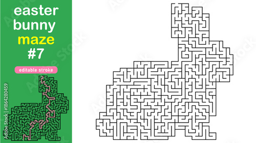 Easter Bunny Maze for Kids, Rabbit Shaped Labyrinth Puzzle with Solution