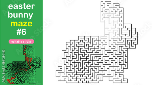 Easter Bunny Maze for Kids, Rabbit Shaped Labyrinth Puzzle with Solution