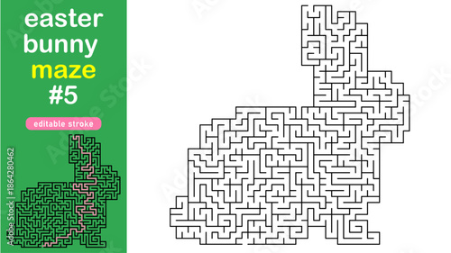 Easter Bunny Maze for Kids, Rabbit Shaped Labyrinth Puzzle with Solution