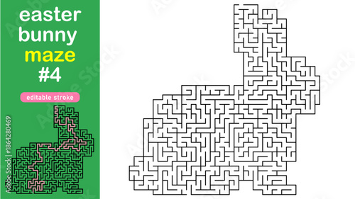 Easter Bunny Maze for Kids, Rabbit Shaped Labyrinth Puzzle with Solution