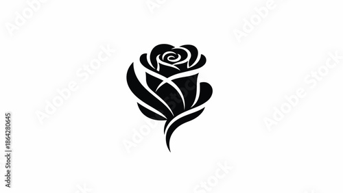 Black rose logo with stylized leaves on a white background, simple graphic design element.