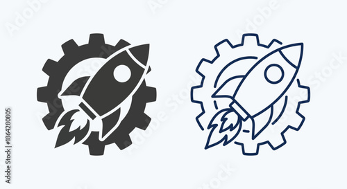 Rocket launch with gear icon set in solid and outline styles