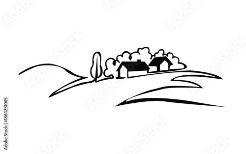 Simple line art drawing of a rural landscape with houses trees and rolling hills