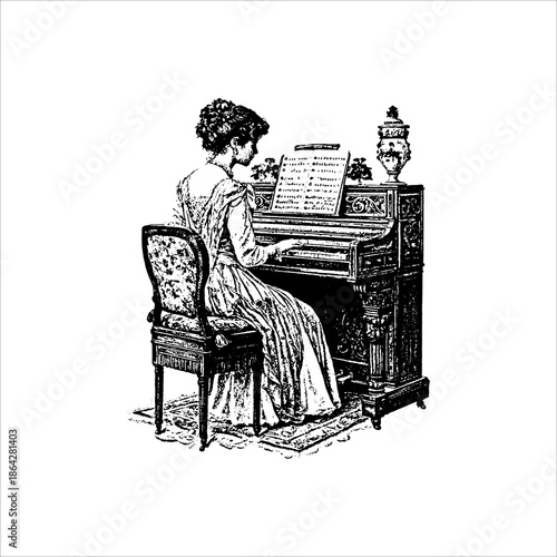 Vintage Engraving Woman Playing Piano With Sheet Music