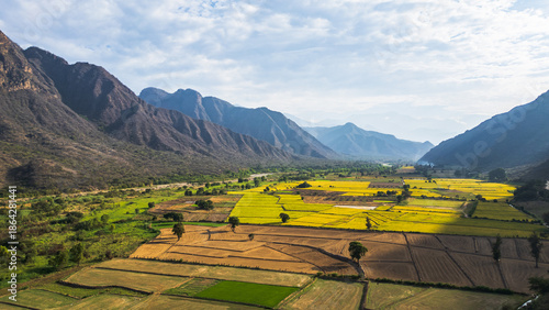 Rural landscape of Mayascón village surrounded by mountains in Lambayeque, Peru