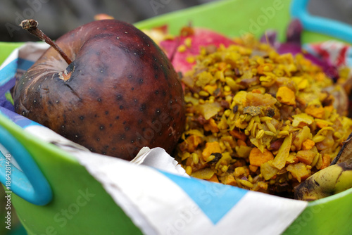 A rotten apple with a darkened skin is placed inside a green container. Next to the apple,  yellowed fennel and anise seeds from herbal tea with turmeric. The bin is to collect food for composting