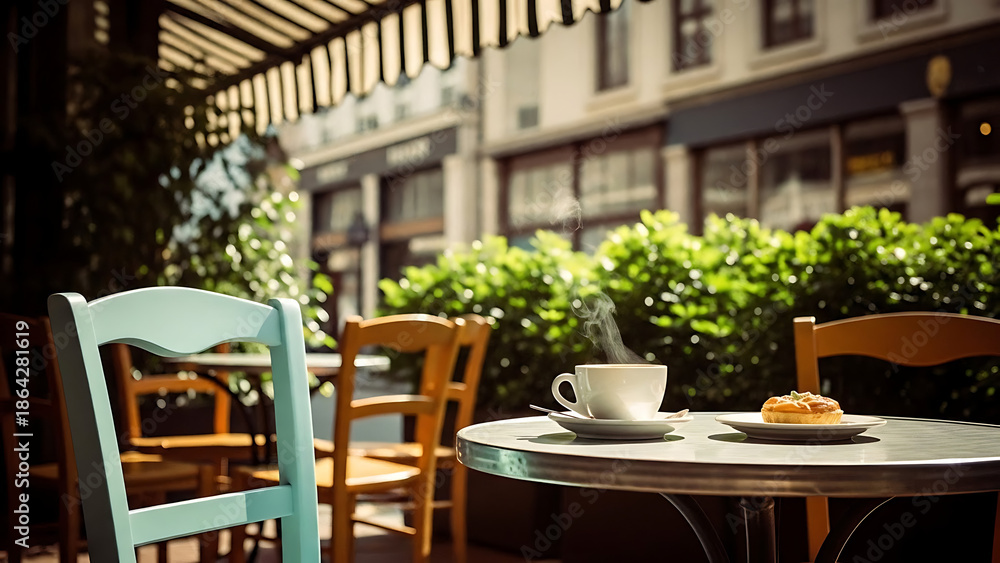 Fototapeta premium Steaming coffee cup and pastry on a cafe table.