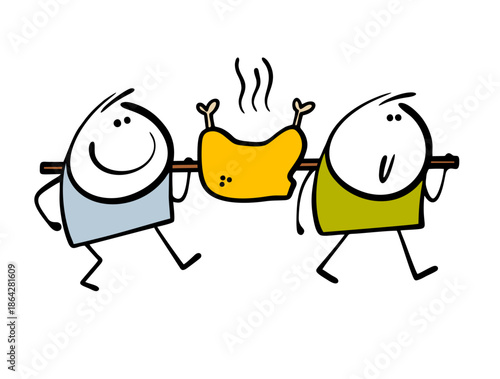 Two men carrying  roasted animal carcass on stick. Vector illustration of hunters cooking dinner around campfire. Picnic in forest. There is steam, delicious lunch, and  mouth  watering with appetite.