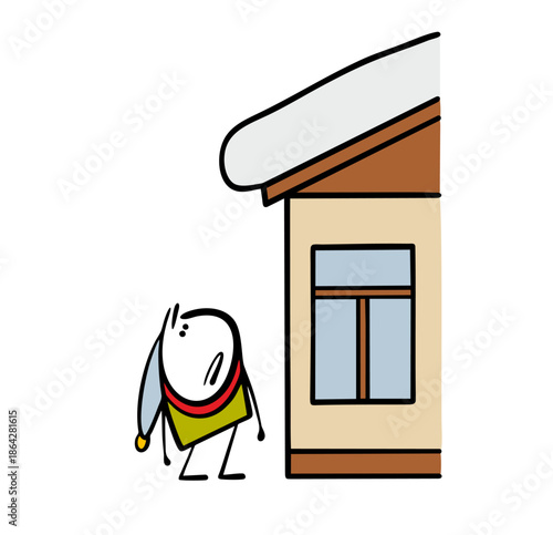 Funny confused stickman in winter clothes looks at a large snowdrift on the roof of a house. Vector illustration, snow is falling, danger to the child. Snow cartoon  cleaning.