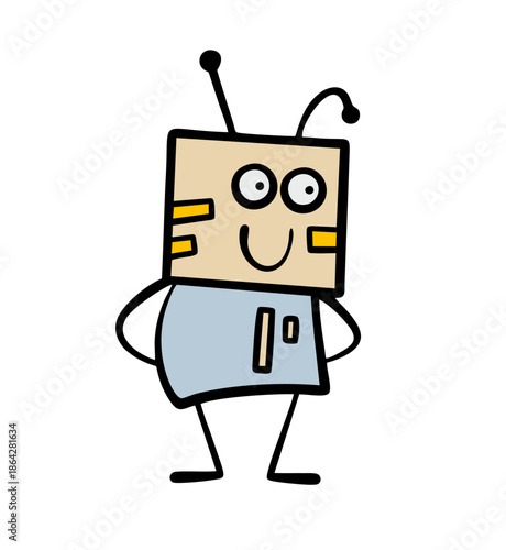 Carnival costume made of cardboard and a box on his head, a retro robot with an antenna. Vector illustration of a boy at a masquerade or at a theater performance. Halloween hero, new technology.