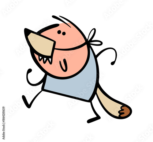 Funny stickman in a werewolf or wolf costume is going to a party. Vector illustration of a Halloween party, a boy with a monster  nose and a wild animal  tail. Cartoon  teeth of a predator.