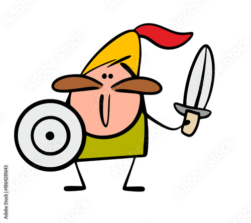 Fabulous warrior wearing a helmet with a sword and shield. Vector illustration of a funny actor dressed as knight with a weapon defending his homeland. Cute stickman with a big mustache, a brave guy.