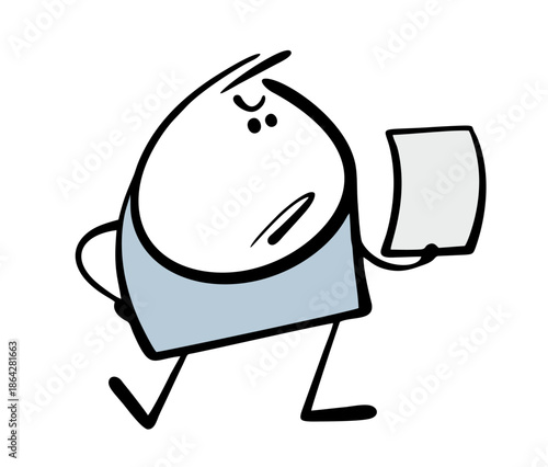 Cartoon disgruntled stickman reads a letter or document, frowns. Vector illustration of an angry man looking at a piece of paper. A rude guy and a message in the mail.