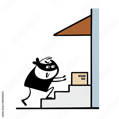 Cartoon crafty porch pirate reaches for a cardboard box near the house. Vector illustration a thief in a black mask commits a crime, steals a package from the porch.