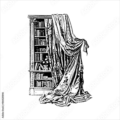 Vintage Bookshelf Draped with Ornate Fabric Still Life
