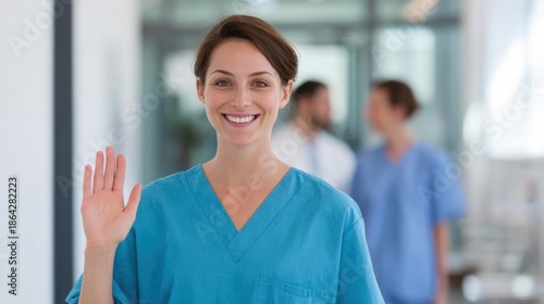 Free Download Young woman in a blue scrubs standing in a hospital corridor. she is smiling and waving her right hand in a friendly manner. - GFXLoad