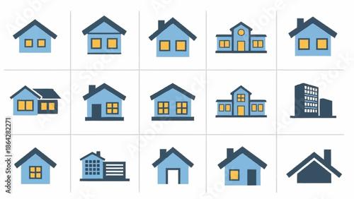 Collection of various house and building icons in blue and yellow.