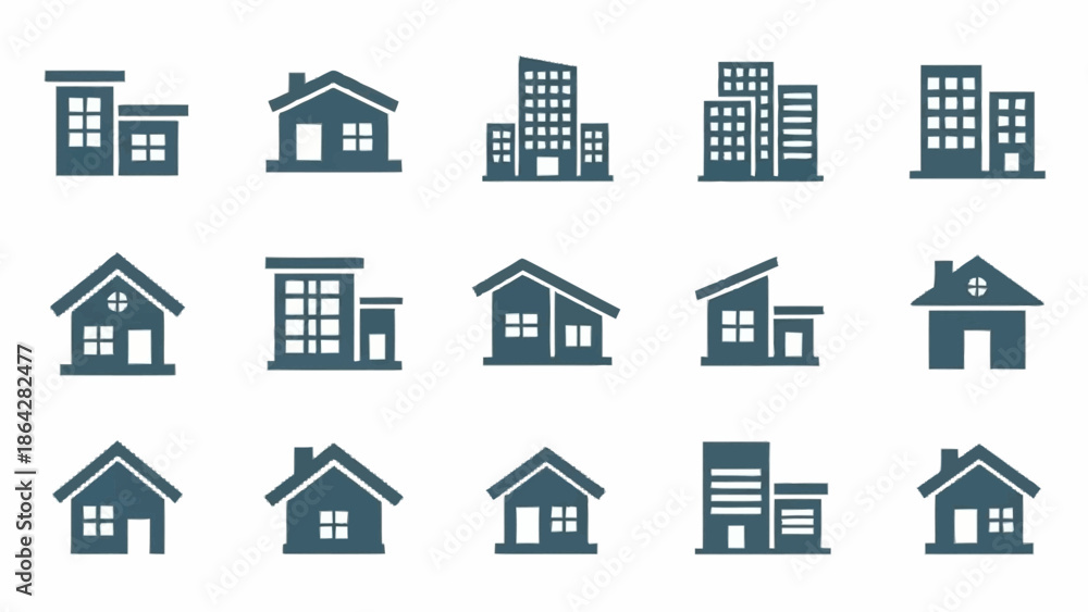 Fototapeta premium Collection of Simple House and Building Icons in Dark Blue.