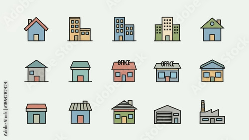 Collection of simple house and building icons in various colors and designs.
