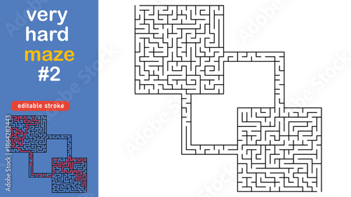 Very Hard Maze Puzzle for Adults and Kids, Complex Square Labyrinth Vector editable stroke