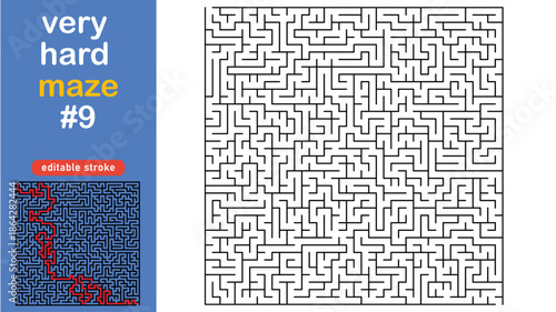 Very Hard Maze Puzzle for Adults and Kids, Complex Square Labyrinth Vector editable stroke
