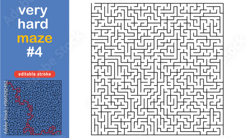 Very Hard Maze Puzzle for Adults and Kids, Complex Square Labyrinth Vector editable stroke