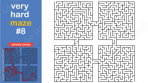 Very Hard Maze Puzzle for Adults and Kids, Complex Square Labyrinth Vector editable stroke