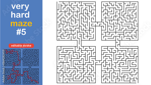 Very Hard Maze Puzzle for Adults and Kids, Complex Square Labyrinth Vector editable stroke