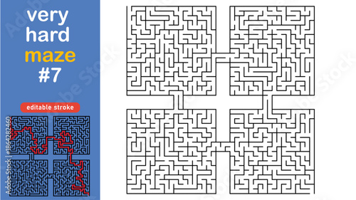 Very Hard Maze Puzzle for Adults and Kids, Complex Square Labyrinth Vector editable stroke