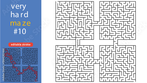 Very Hard Maze Puzzle for Adults and Kids, Complex Square Labyrinth Vector editable stroke