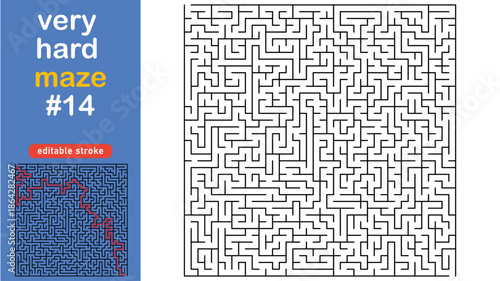 Very Hard Maze Puzzle for Adults and Kids, Complex Square Labyrinth Vector editable stroke