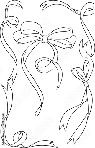 Set of hand-drawn vector ribbon bows and flowing streamers in delicate line art. Perfect for wedding designs, feminine branding, and elegant decor. Minimalist sketchy doodle elements.