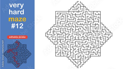 Very Hard Maze Puzzle for Adults and Kids, Complex Square Labyrinth Vector editable stroke